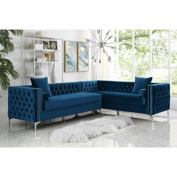 Posh Living Levi Velvet Tufted with Silver Nailhead Trim Metal Y-leg Right Facing Corner Sectional Sofa - Navy CR01-02NY-UE